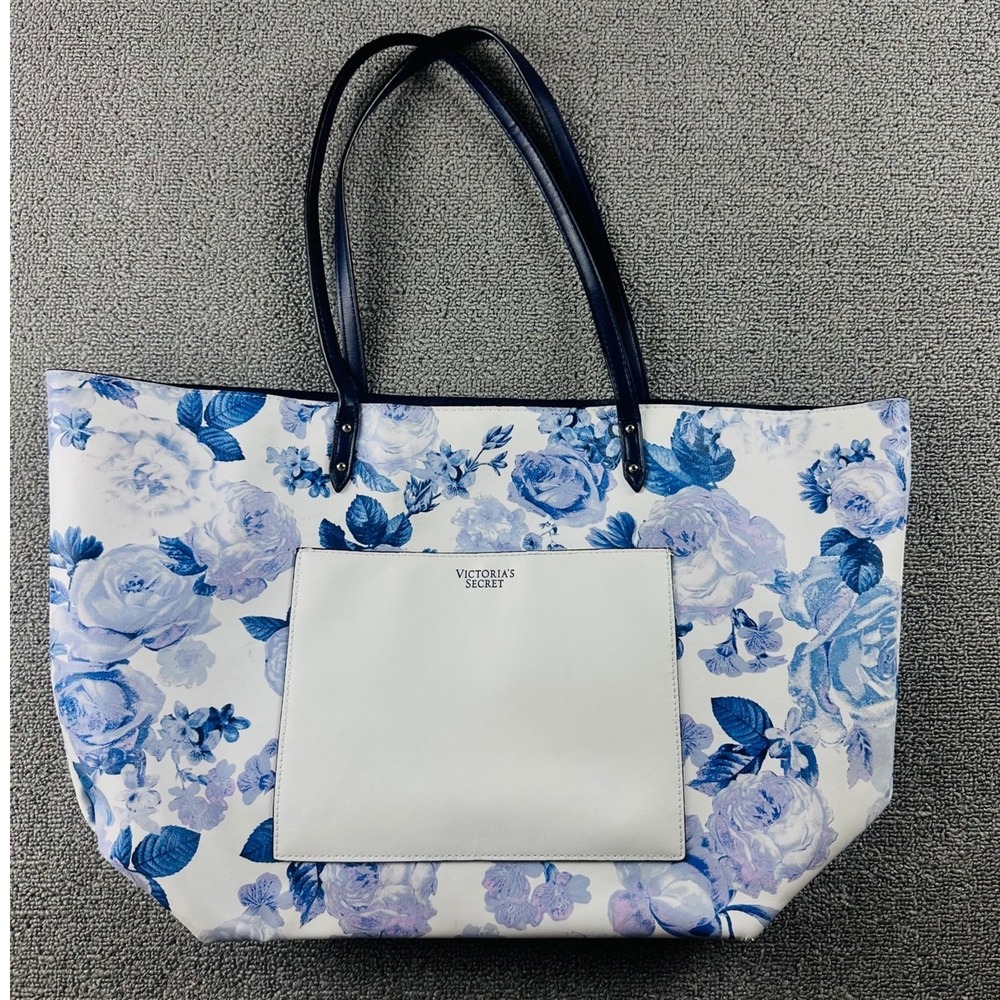 Victorias Secret Blue Floral Tote Bag Women Blue White Coastal Resortwear Summer